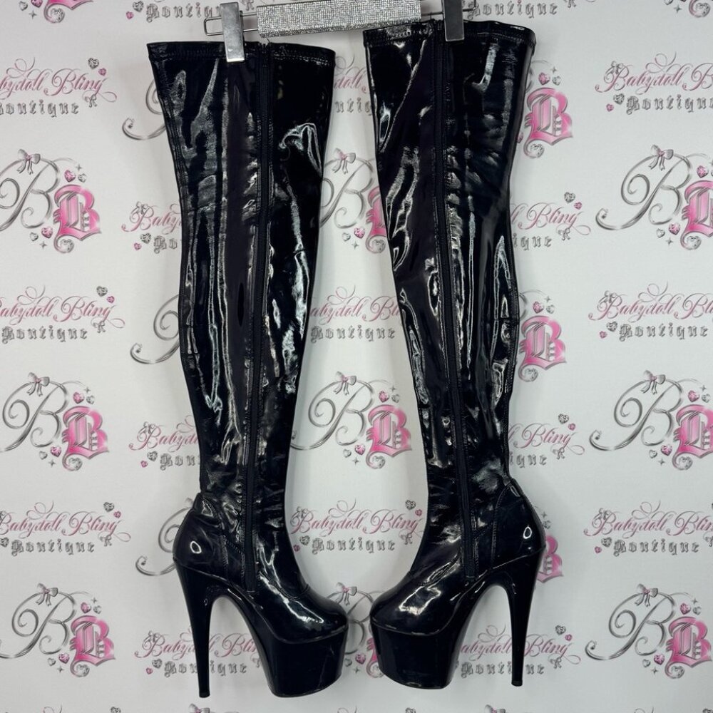 Thigh high heel boots shiny exotic dance Black Patent Leather Thigh-High Boots